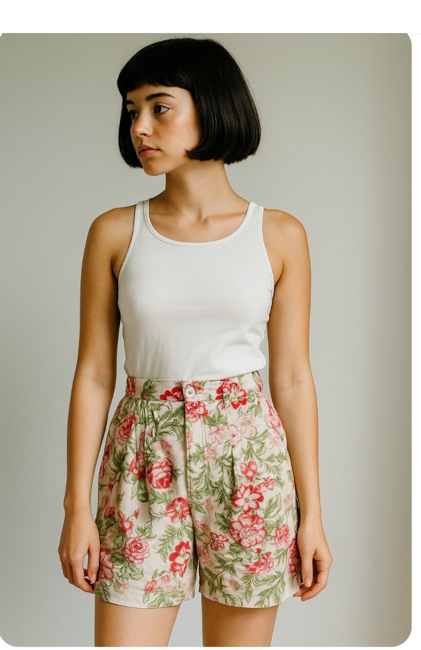 Vintage Linen Floral Print Shorts Size W 24 Pleated Pocket Cottage Core Neutral